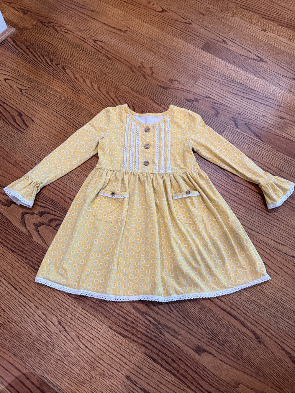 Girls' Yellow Floral Lace-Trim Cotton Dress